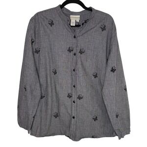 Coldwater Creek Butterfly Embroidered Button Front Blouse 100%‎ Cotton XL Gray